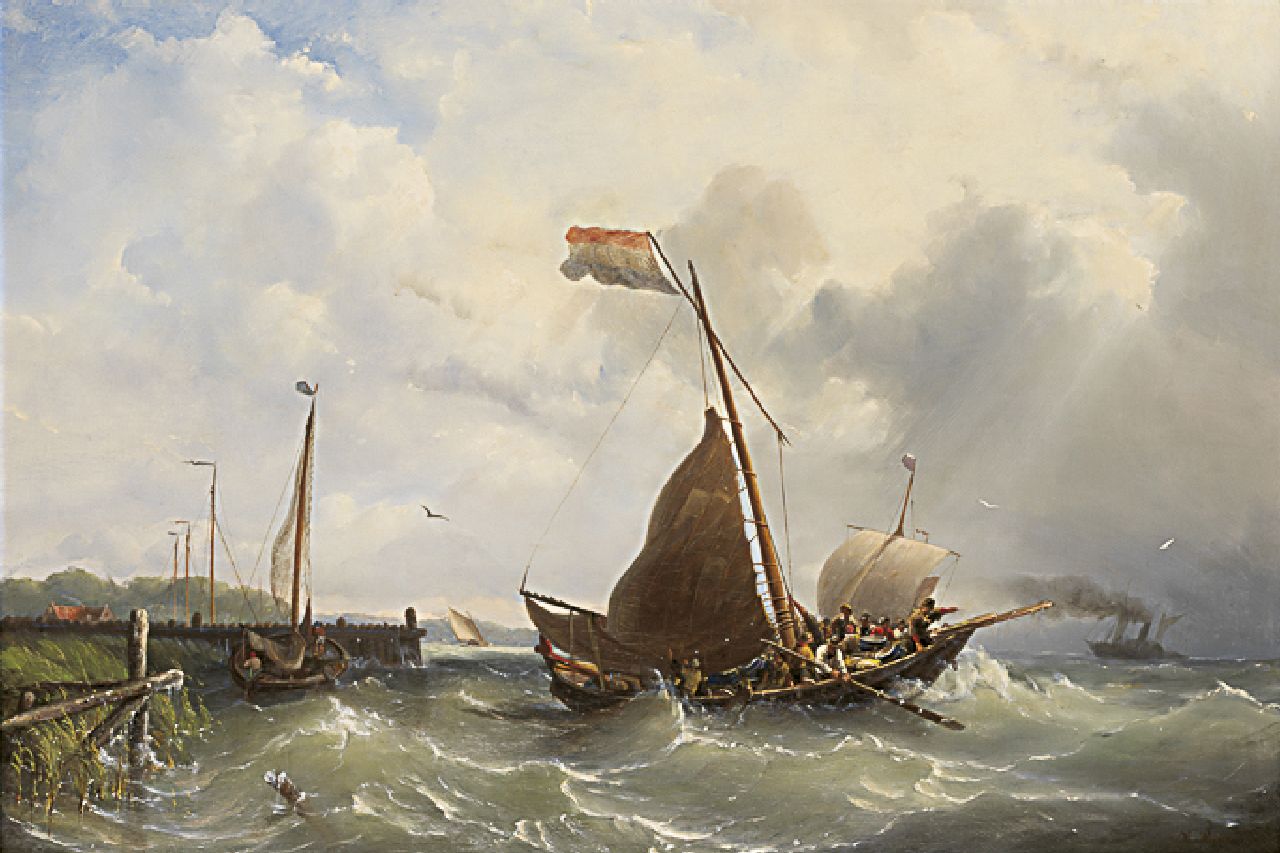 Riegen N.  | Nicolaas Riegen, Sailing vessels and a steamer leaving port, oil on canvas 59.5 x 87.1 cm, signed l.r.