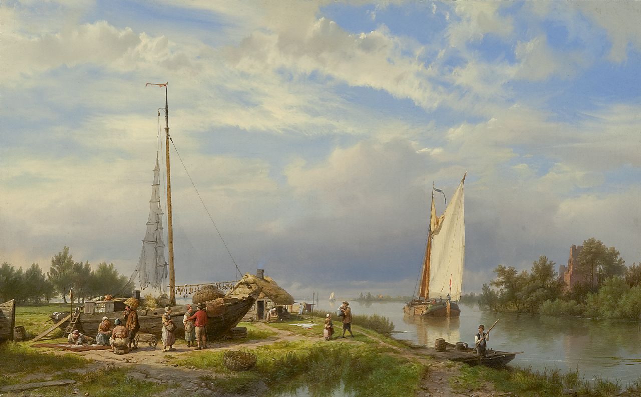 Koekkoek H.  | Hermanus Koekkoek, Alongside a calm river on a summer day, oil on canvas 36.8 x 58.0 cm, signed l.l.