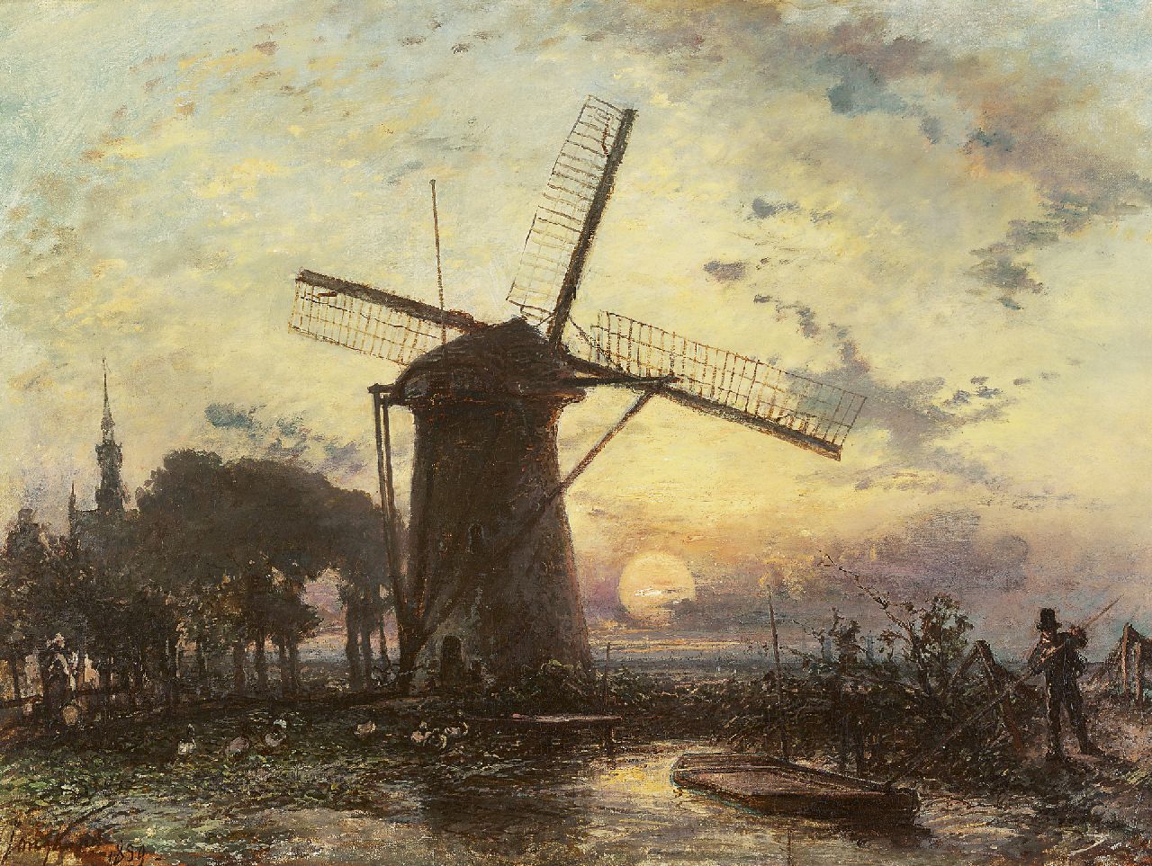 Jongkind J.B.  | Johan Barthold Jongkind | Paintings offered for sale | Windmill at sunset near Overschie, oil on canvas 42.3 x 56.2 cm, signed l.l. and dated 1859