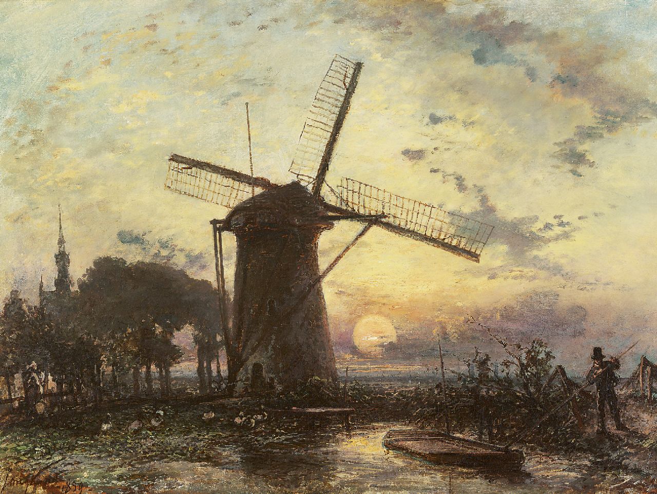 Jongkind J.B.  | Johan Barthold Jongkind, Windmill at sunset near Overschie, oil on canvas 42.3 x 56.2 cm, signed l.l. and dated 1859