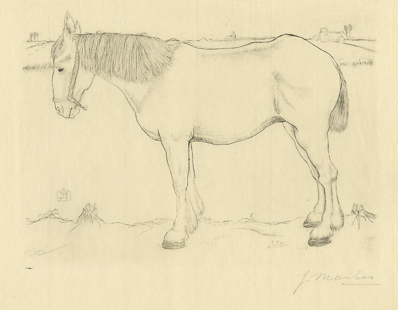 Mankes J.  | Jan Mankes, Standing horse, copper engraving on paper 14.0 x 17.5 cm, signed l.r. in full (in pencil) and with mon. n the plate and executed in 1917