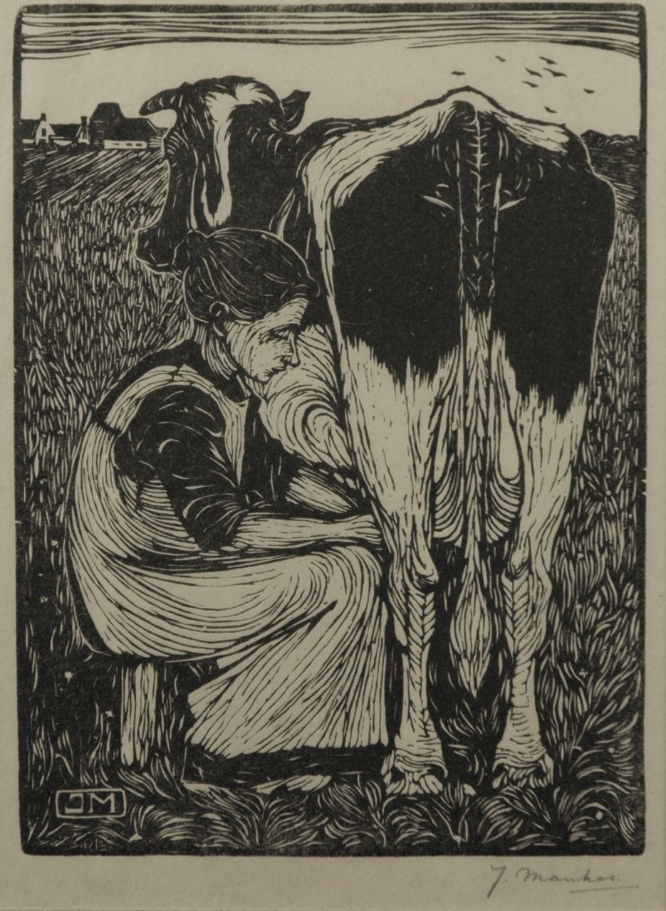 Mankes J.  | Jan Mankes, Woman milking a cow, woodcut on paper 19.1 x 14.2 cm, signed l.r. in full (in pencil) and w. mon. in the block and executed in 1914