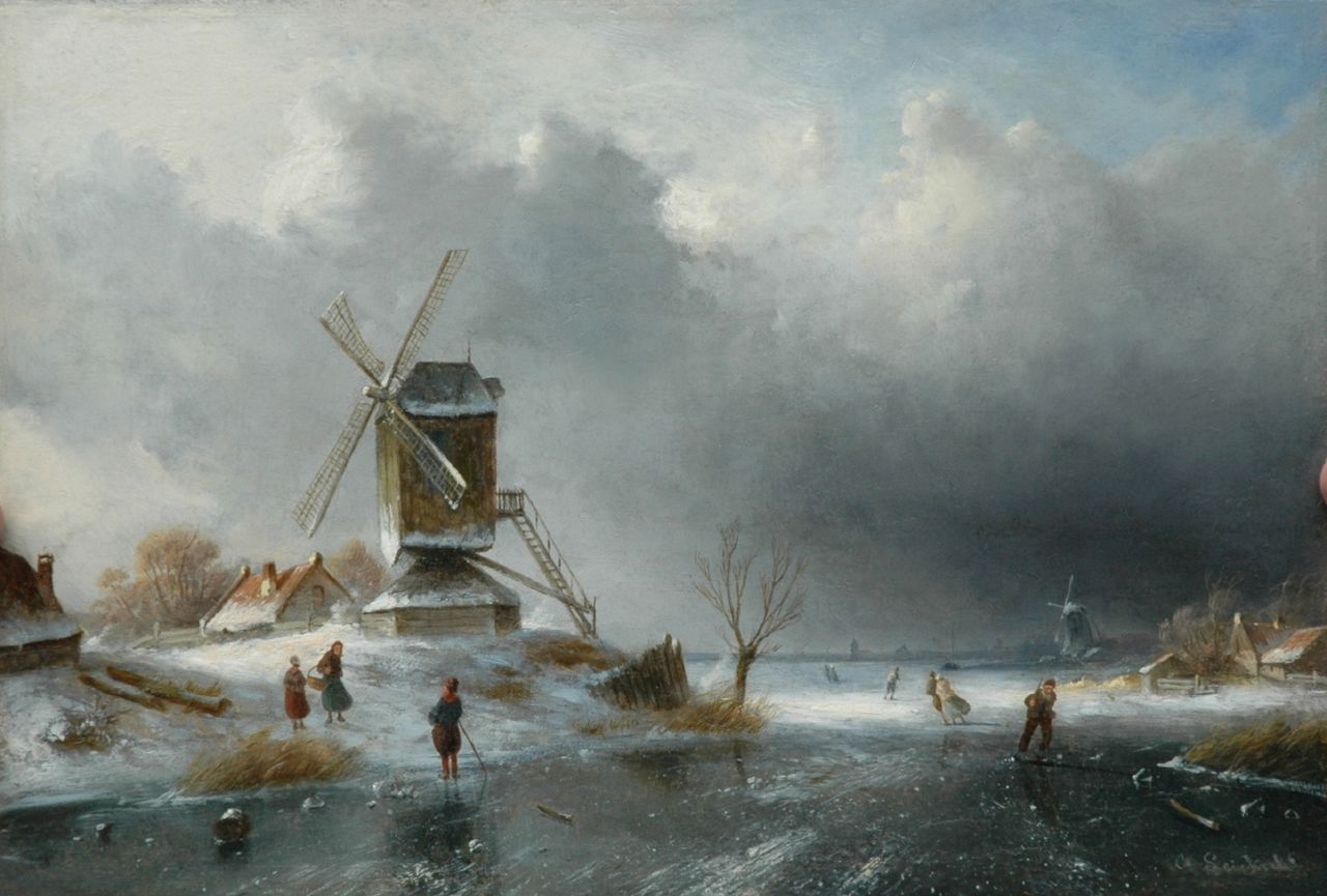 Leickert C.H.J.  | 'Charles' Henri Joseph Leickert, A windmill along a frozen river, oil on panel 26.0 x 38.0 cm, signed l.r.