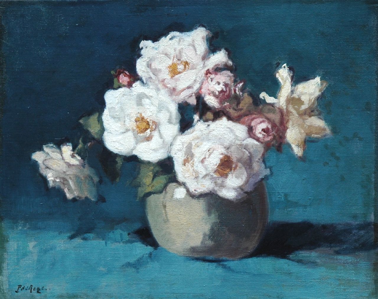 Regt P. de | Pieter 'Piet' de Regt, Roses, oil on canvas laid down on panel 37.6 x 48.0 cm, signed l.l.