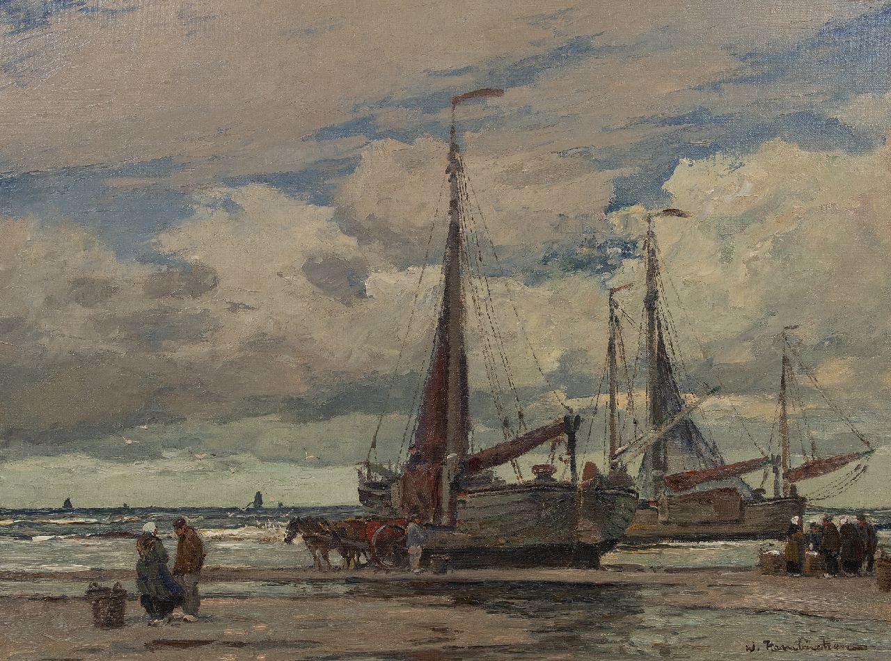 Hambüchen W.  | Wilhelm Hambüchen, Sailing boats at the shore, oil on canvas 65.6 x 96.0 cm, signed l.r.