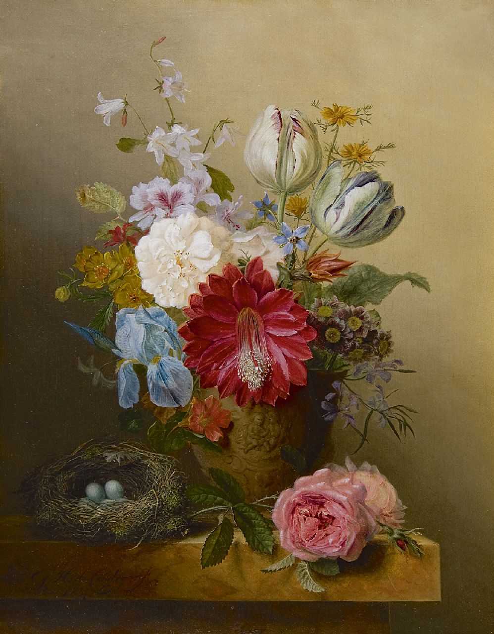 Henriques de Castro G.  | Gabriël Henriques de Castro | Paintings offered for sale | A still life with flowers and a bird's nest, oil on canvas 55.9 x 44.2 cm, signed l.l. and dated 1837