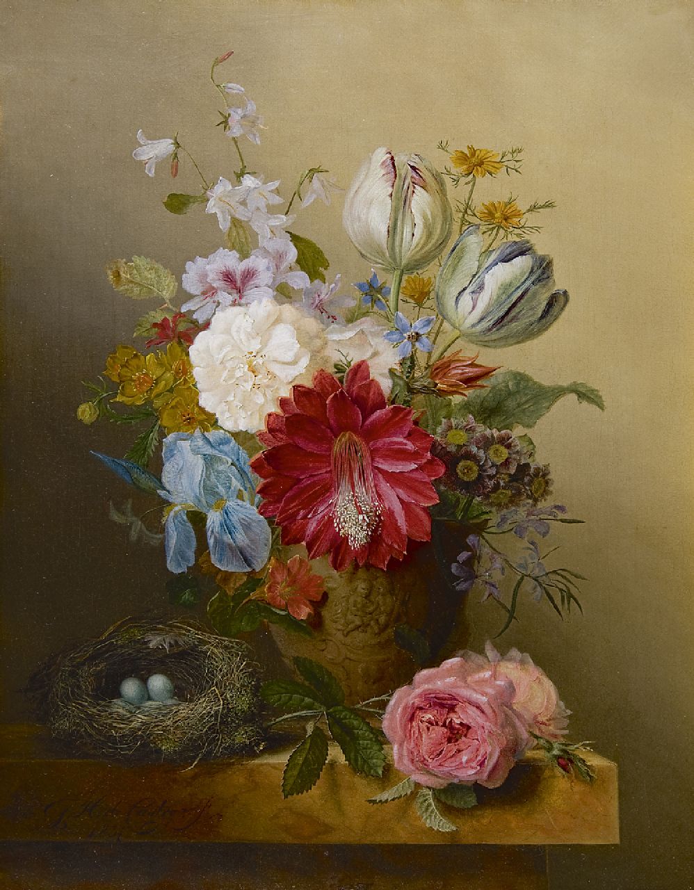 Gabriël Henriques de Castro | A still life with flowers and a bird's nest, oil on canvas, 55.9 x 44.2 cm, signed l.l. and dated 1837