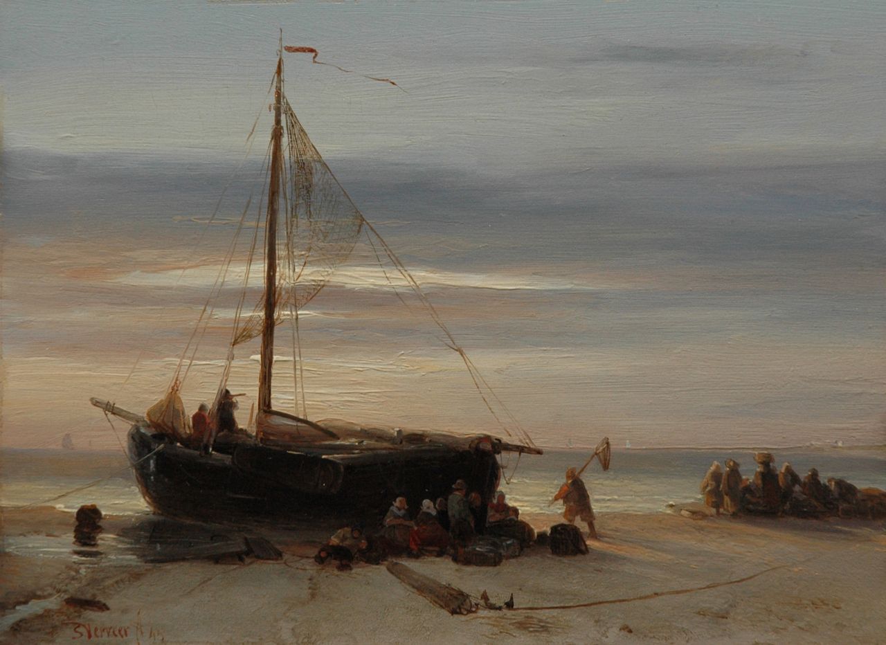 Verveer S.L.  | 'Salomon' Leonardus Verveer, Fish auction on the beach, oil on panel 17.9 x 24.1 cm, signed l.l. and dated '43