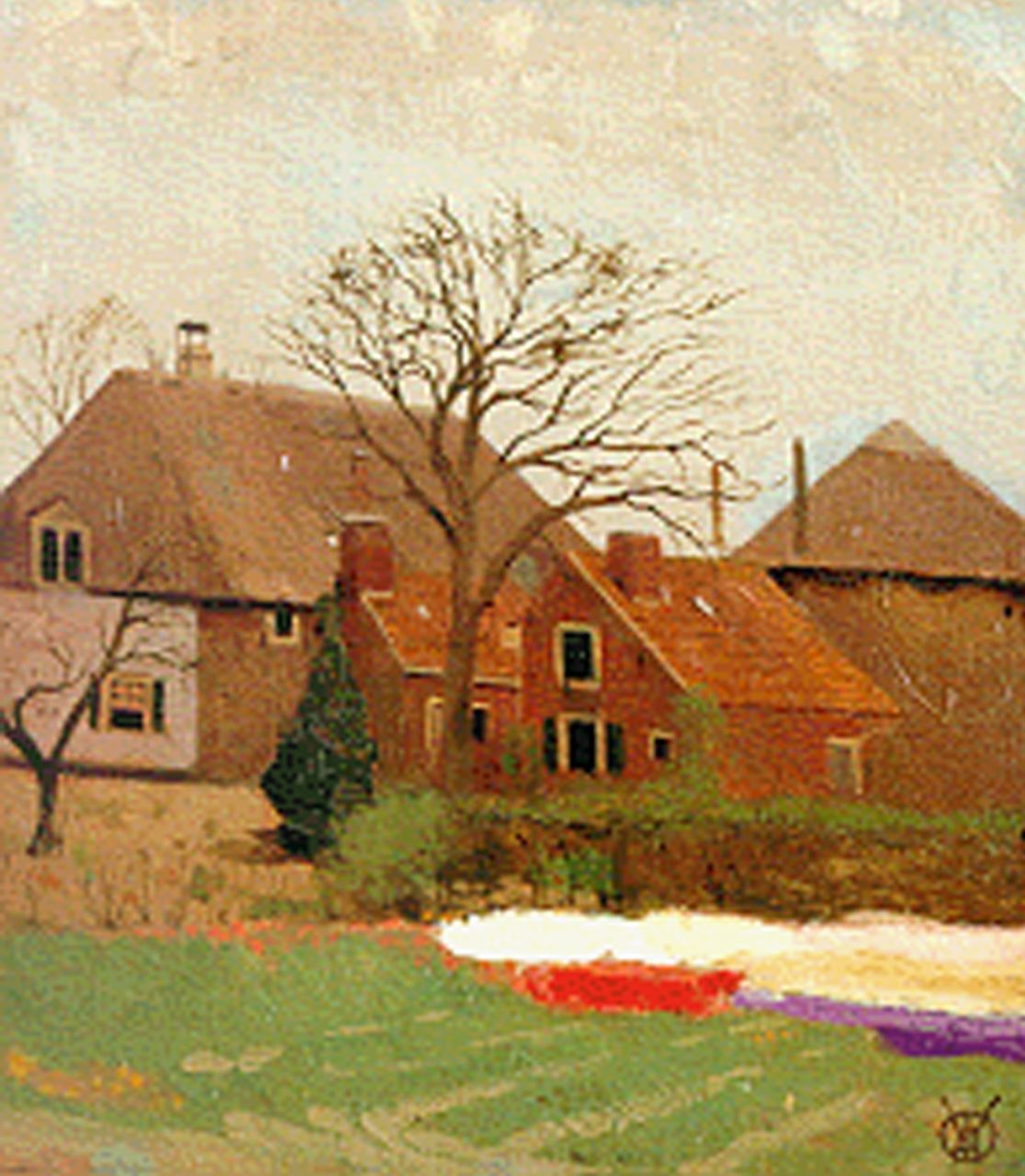 Dijsselhof G.W.  | Gerrit Willem Dijsselhof, The farm 'Bronstee' in Heemstede, oil on canvas laid down on panel 23.8 x 21.1 cm, signed l.r. with monogram and executed in 1906