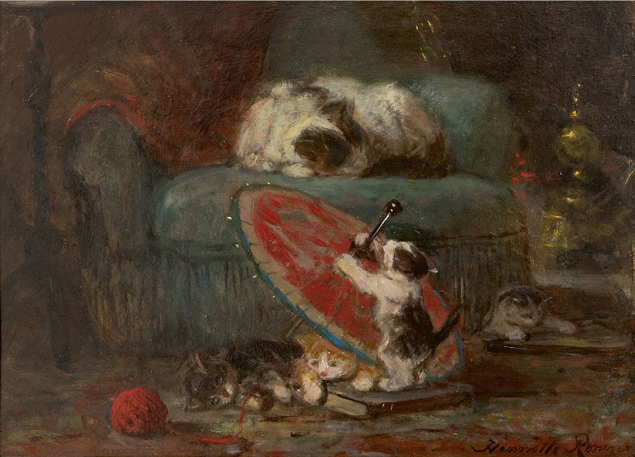 Ronner-Knip H.  | Henriette Ronner-Knip, Kittens playing with a Japanese parasol, oil on paper laid down on panel 27.3 x 36.8 cm, signed l.r. and l.l. and painted ca. 1890