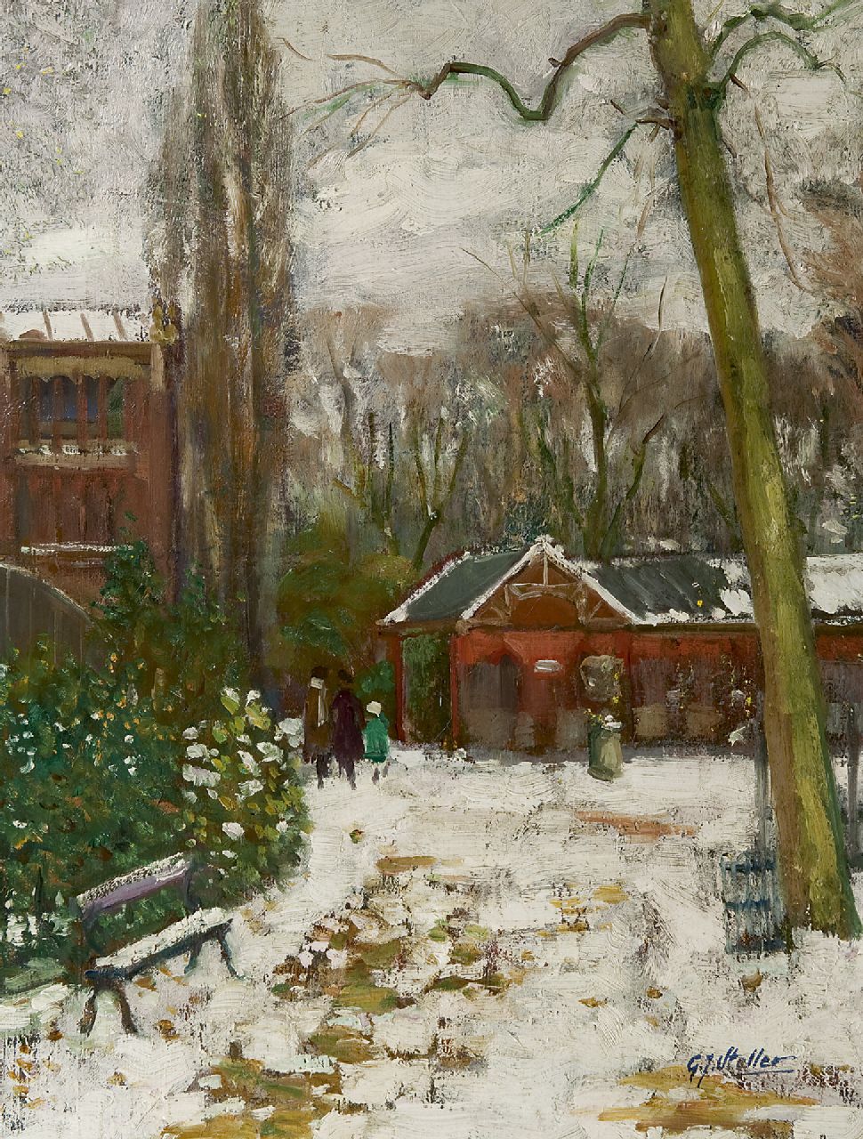 Staller G.J.  | Gerard Johan Staller, Artis in wintertime, oil on canvas 53.3 x 41.3 cm, signed l.r. and painted ca. 1910