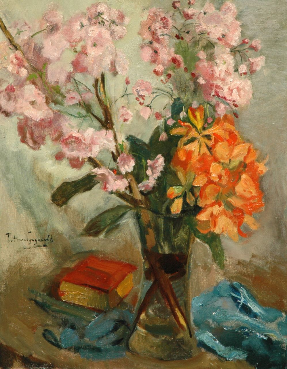 Wijngaerdt P.T. van | Petrus Theodorus 'Piet' van Wijngaerdt, Cherry blossom and azalea in a vase, oil on canvas 90.5 x 70.5 cm, signed m.l. and on the reverse