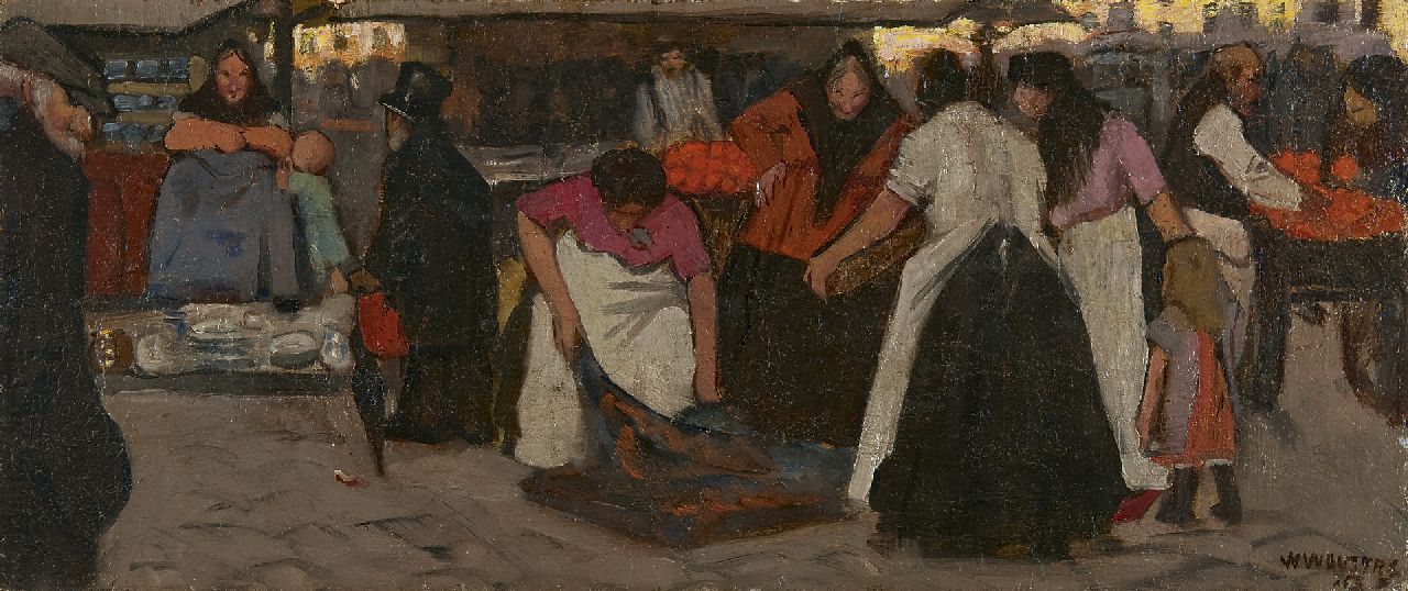 Wouters W.H.M.  | Wilhelmus Hendrikus Marie 'Wilm' Wouters, Figures at a market place, oil on canvas laid down on board 22.0 x 52.2 cm, signed l.r.