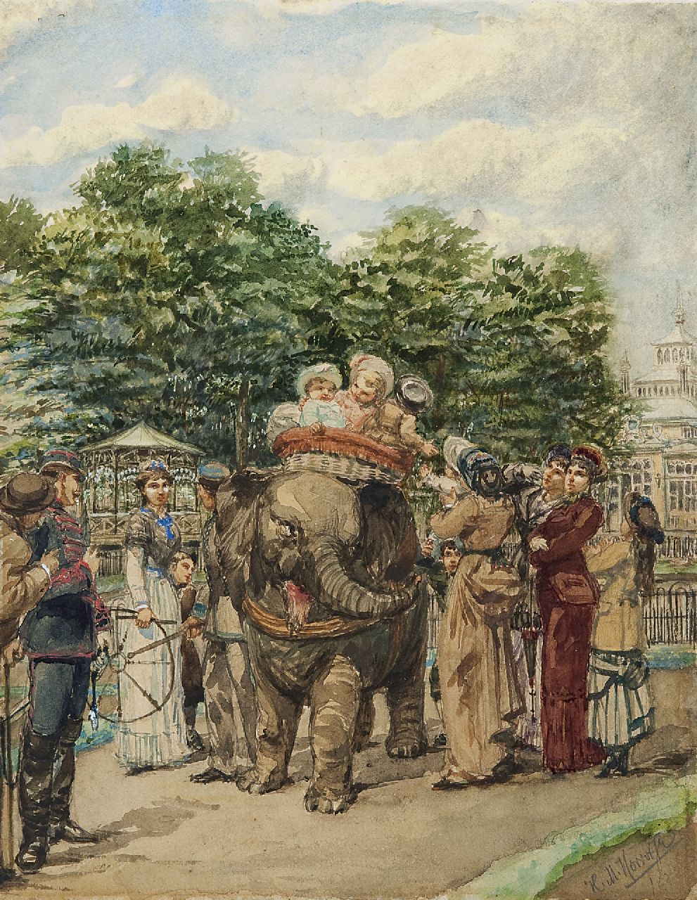 Horrix H.M.  | Hendrikus Matheus 'Mathieu' Horrix, The zoo in The Hague: a ride on the elephant, watercolour on paper 28.5 x 22.3 cm, signed l.r.
