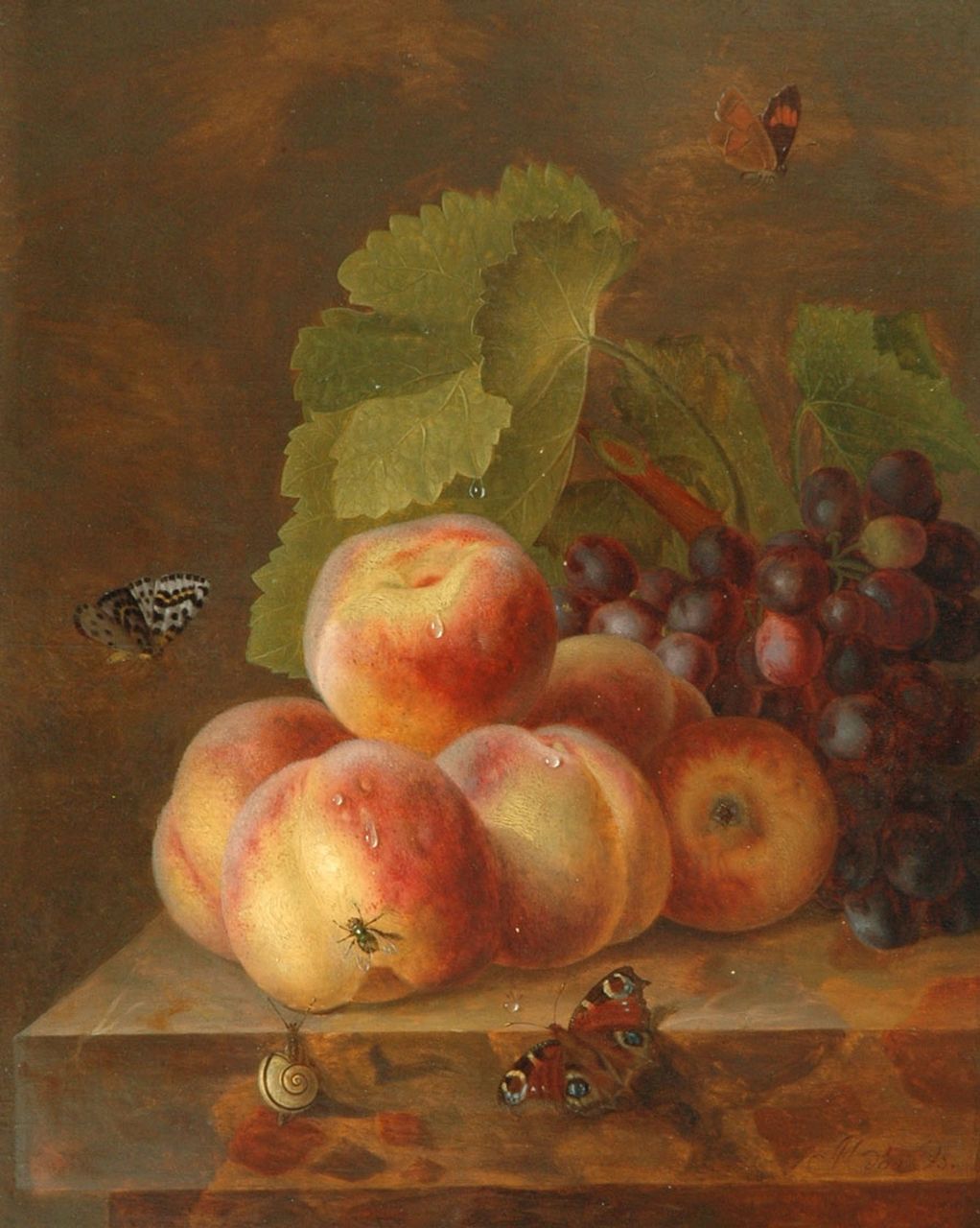 Maria Margaretha van Os | Still life with peaches and grapes, oil on panel, 40.1 x 32.0 cm, signed l.r.