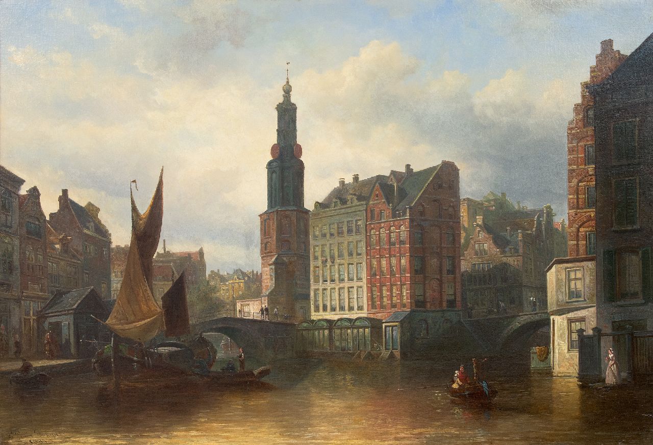 Bommel E.P. van | Elias Pieter van Bommel, View on the Munt tower, Amsterdam, oil on canvas 63.3 x 92.7 cm, signed l.l. and dated 1883