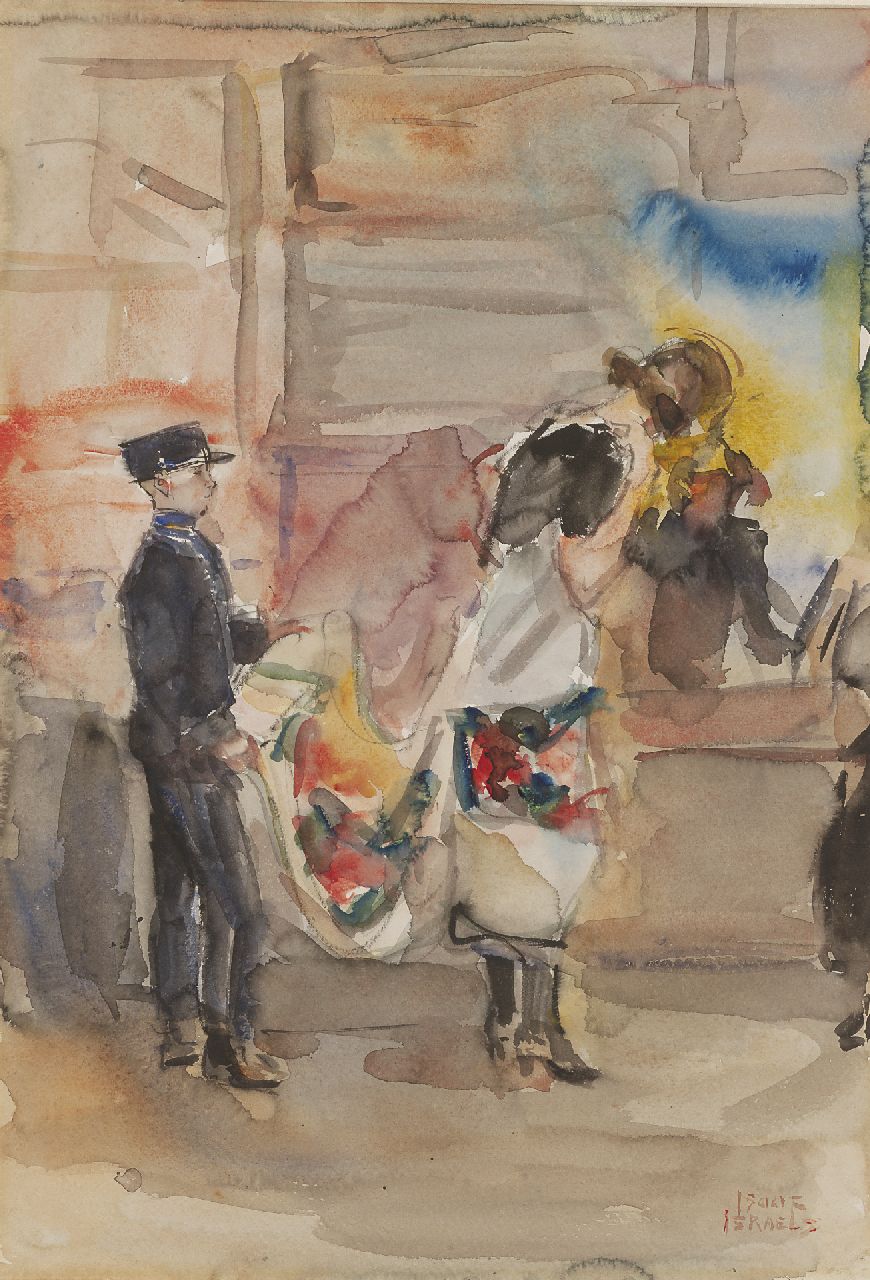 Israels I.L.  | 'Isaac' Lazarus Israels, In the cloth shop of Wijnman, The Hague, watercolour on paper 51.1 x 35.5 cm, signed l.r. and painted circa 1925-1926
