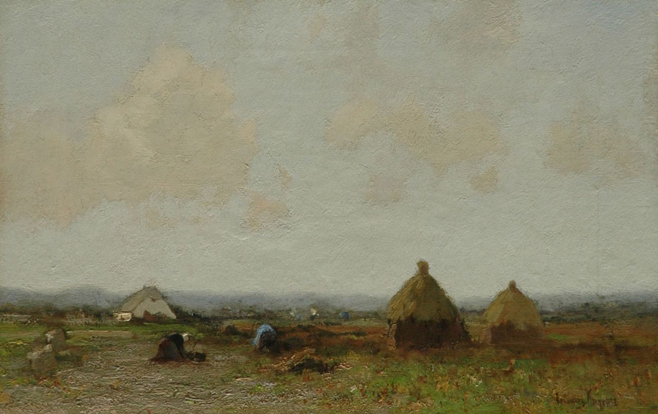 Kuijpers C.  | Cornelis Kuijpers, Landscape with farmers, oil on canvas 28.2 x 43.9 cm, signed l.r.