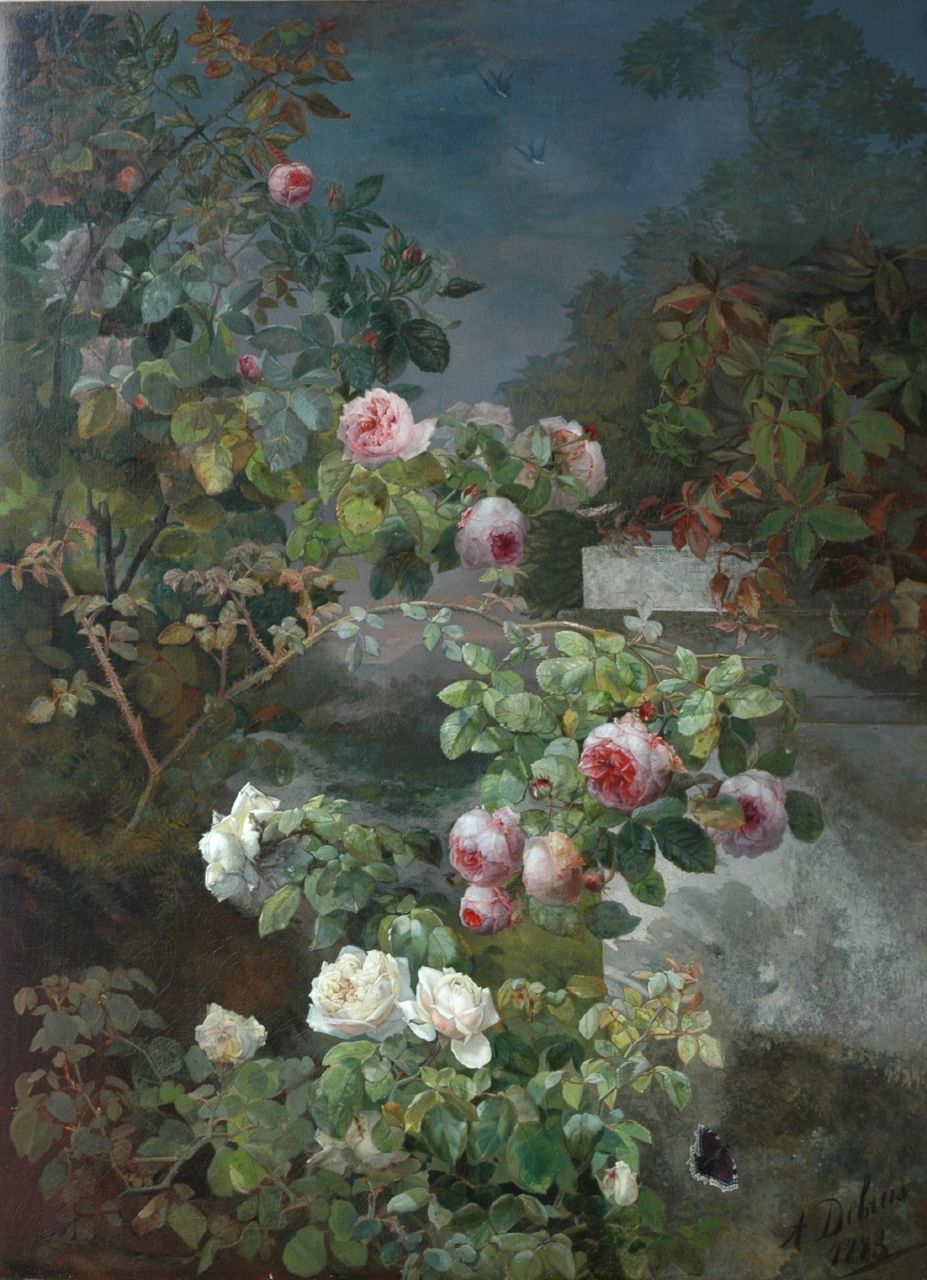 Debrus A.  | Alexandre Debrus, Roses and a butterfly near a garden wall, oil on canvas 125.7 x 92.0 cm, signed l.r. and dated 1883
