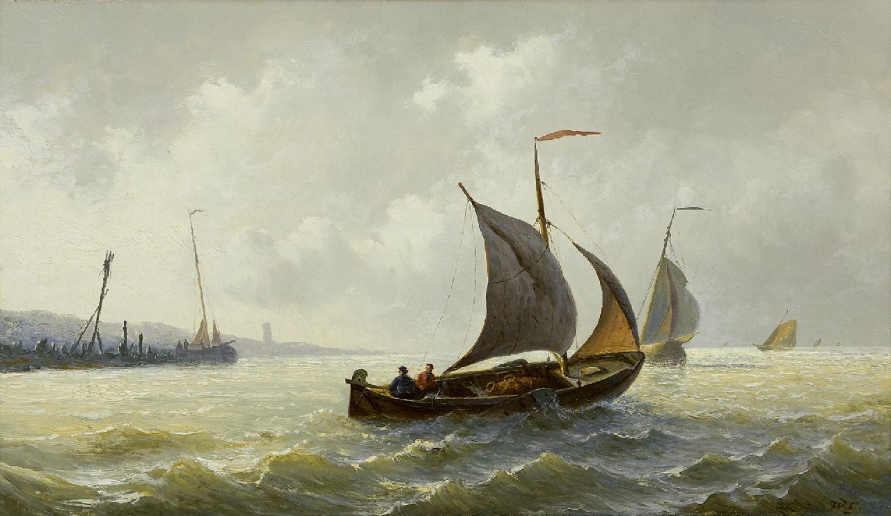 Gruijter jr. W.  | Willem Gruijter jr. | Paintings offered for sale | Sailing vessels in stormy weather, oil on panel 29.9 x 50.1 cm, signed l.r. with initials and in full on the reverse and dated 1878 on the reverse