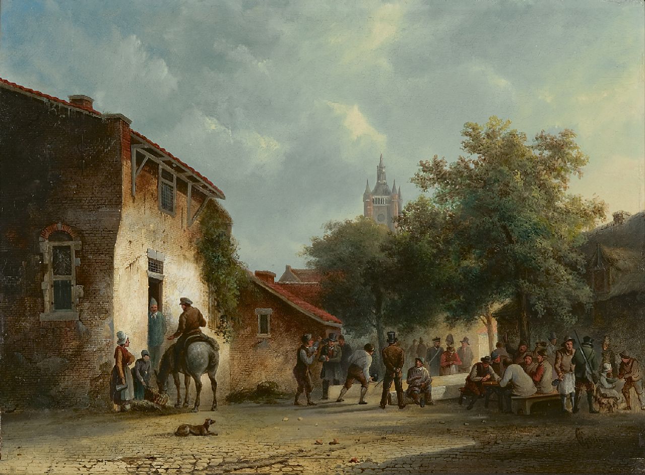 Warner Gijselman | Playing skittles on the village square, oil on panel, 34.1 x 46.7 cm, signed l.r.