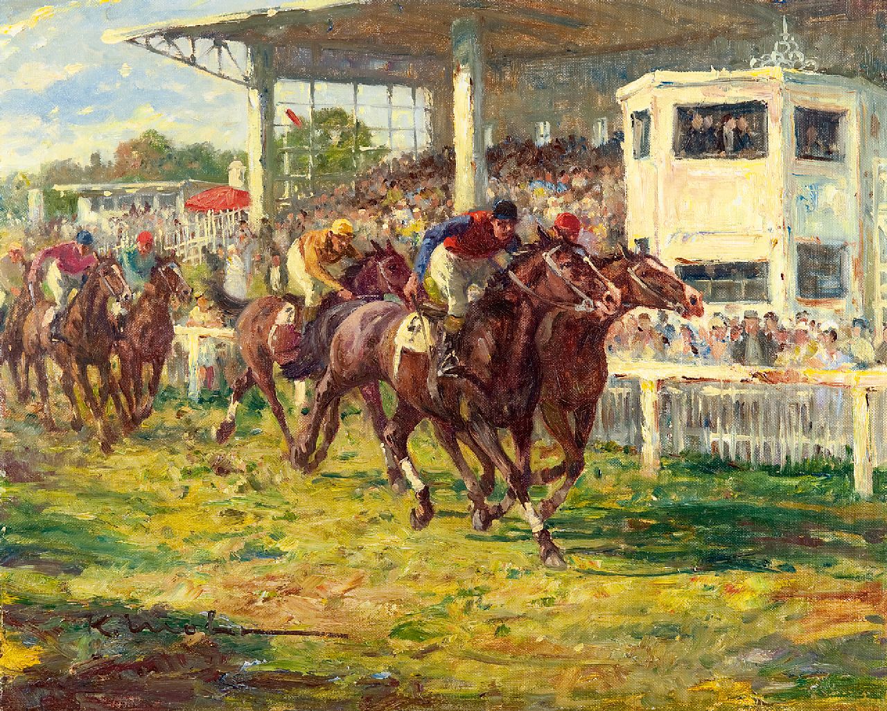 Mohr K.  | Karl Mohr | Paintings offered for sale | At the races at Köln-Weidenpesch, oil on canvas 40.3 x 50.3 cm, signed l.l.