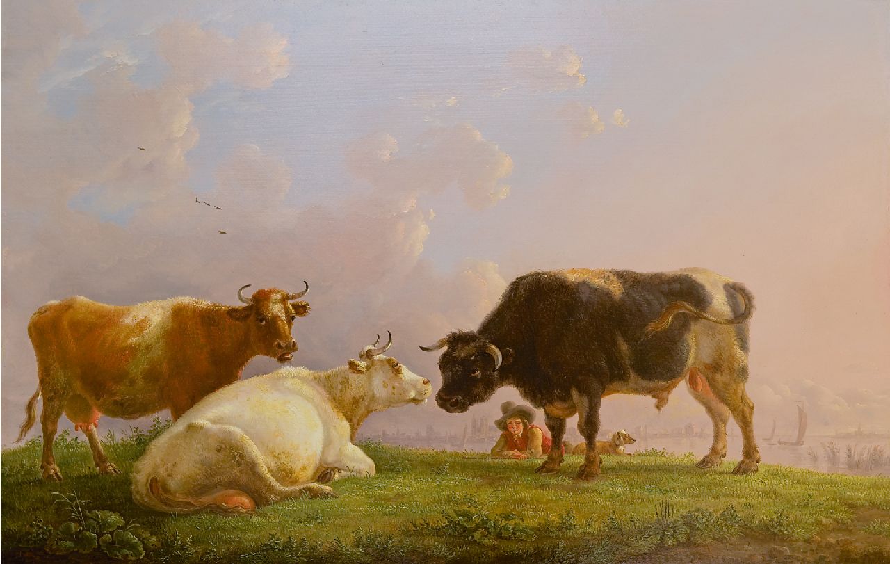 Jean Baptiste De Roy | A shepherd with cows and a bull, a town in the distance, oil on panel, 41.5 x 64.5 cm, signed l.r. and painted ca. 1825-1835