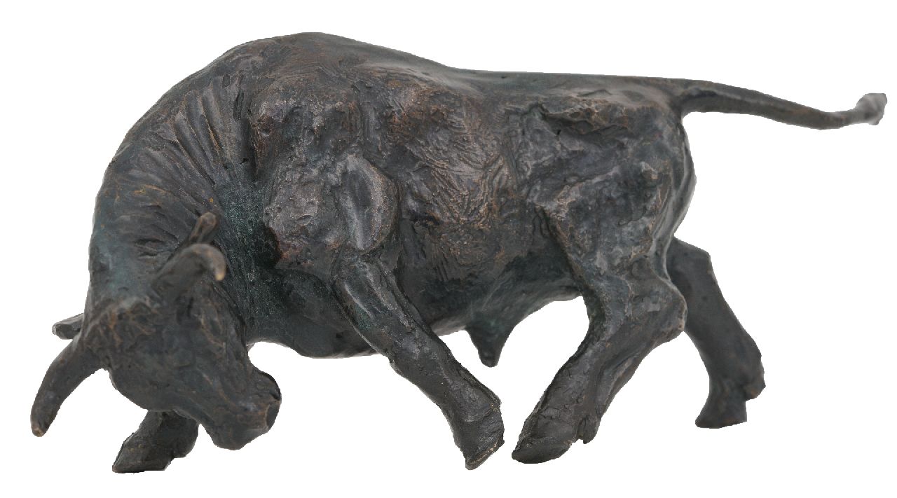 Lipensky F.J.  | Franz Josef Lipensky, Bull, patinated bronze 7.5 x 17.0 cm, signed with monogram on belly