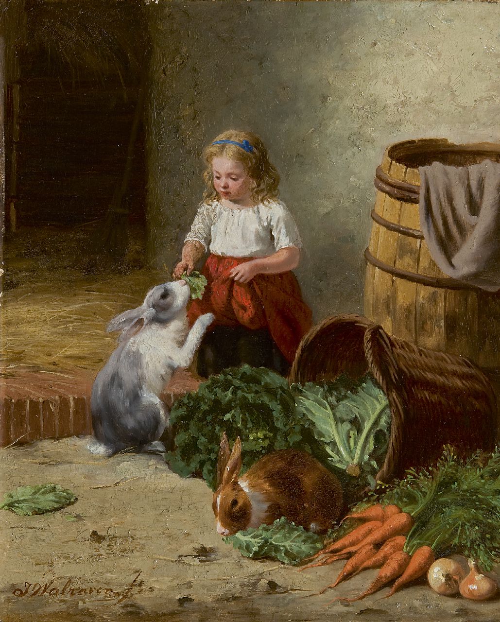 Walraven J.  | Jan Walraven, Feeding the rabbits, oil on panel 33.9 x 27.6 cm, signed l.l. and dated 'Bruxelles 1878' on the reverse