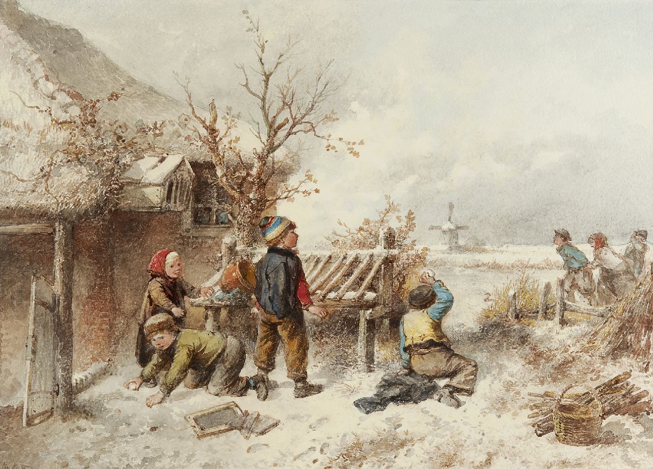 Kate J.M.H. ten | Johan 'Mari' Henri ten Kate | Watercolours and drawings offered for sale | The snowball fight and skaters, watercolour on paper 37.0 x 52.0 cm, signed l.l.