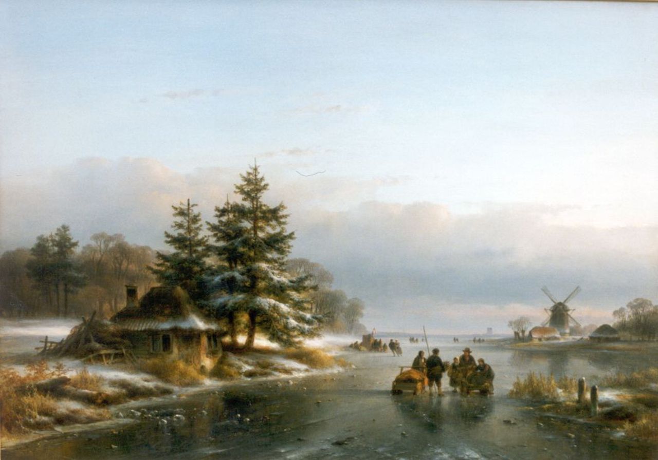 Kleijn L.J.  | Lodewijk Johannes Kleijn, A frozen waterway with skaters, oil on panel 38.7 x 54.0 cm, signed l.r.