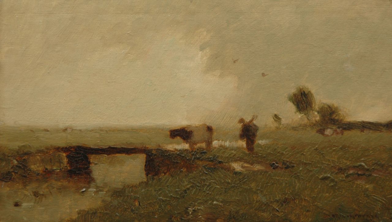 Knikker A.  | Aris Knikker, Farmer with cow in a polder landschape, oil on panel 13.9 x 23.8 cm, signed l.r.