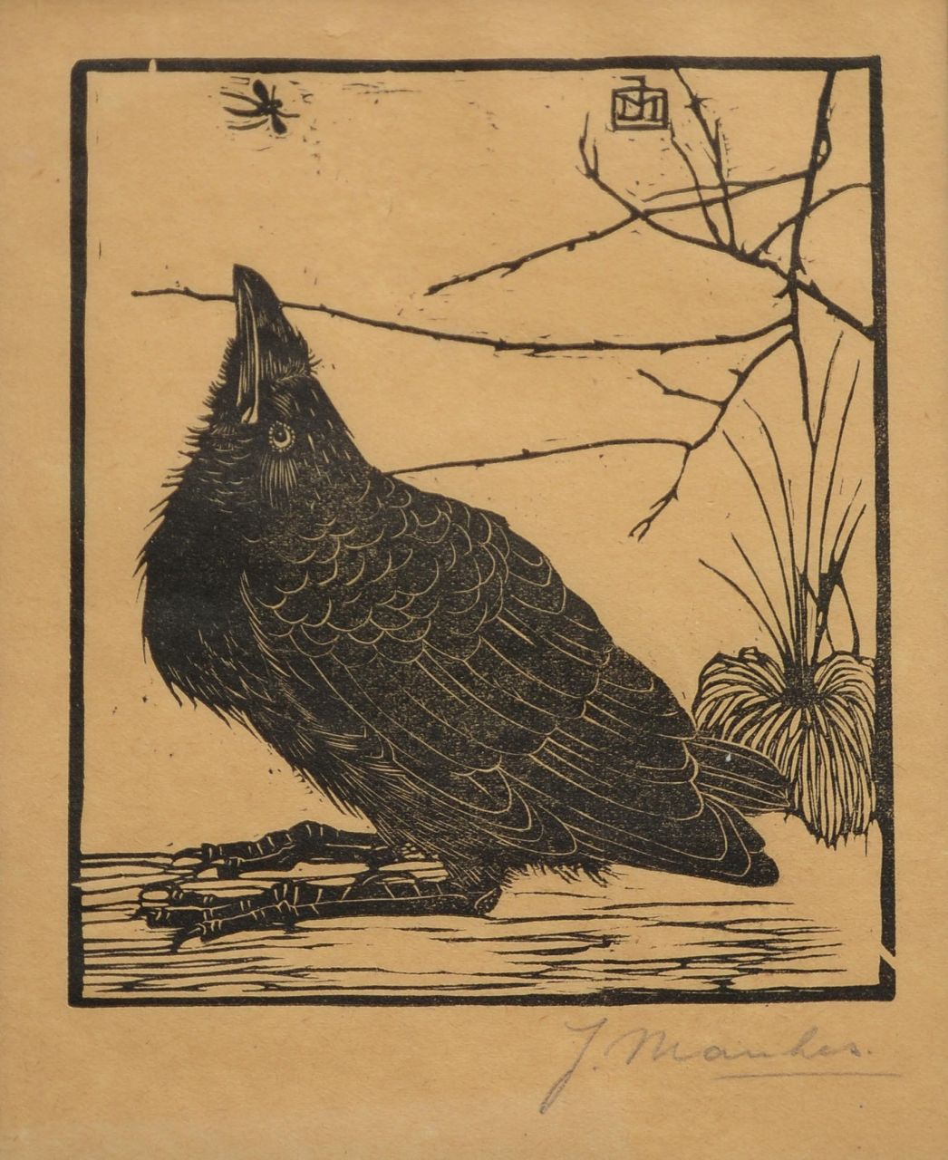 Mankes J.  | Jan Mankes, A crow, woodcut on coloured paper 11.8 x 10.2 cm, signed l.r. in full (in pencil) and with mon. in the bloc and executed in 1918