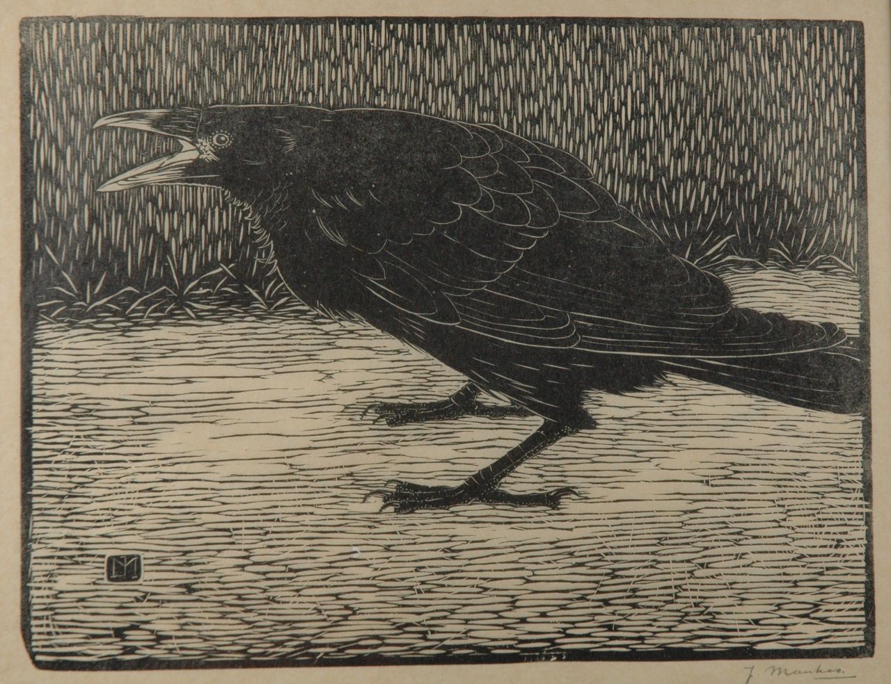 Mankes J.  | Jan Mankes, Screaming crow, woodcut on paper 18.3 x 23.8 cm, signed l.r. in full (in pencil) and with mon. in the bloc and executed in 1918