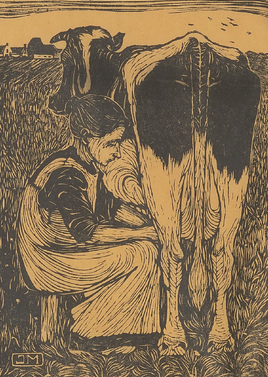 Mankes J.  | Jan Mankes, Milking the cow, woodcut on paper 19.2 x 14.2 cm, signed l.r. in full (in pencil) and with mon.in the block and executed ca 1914