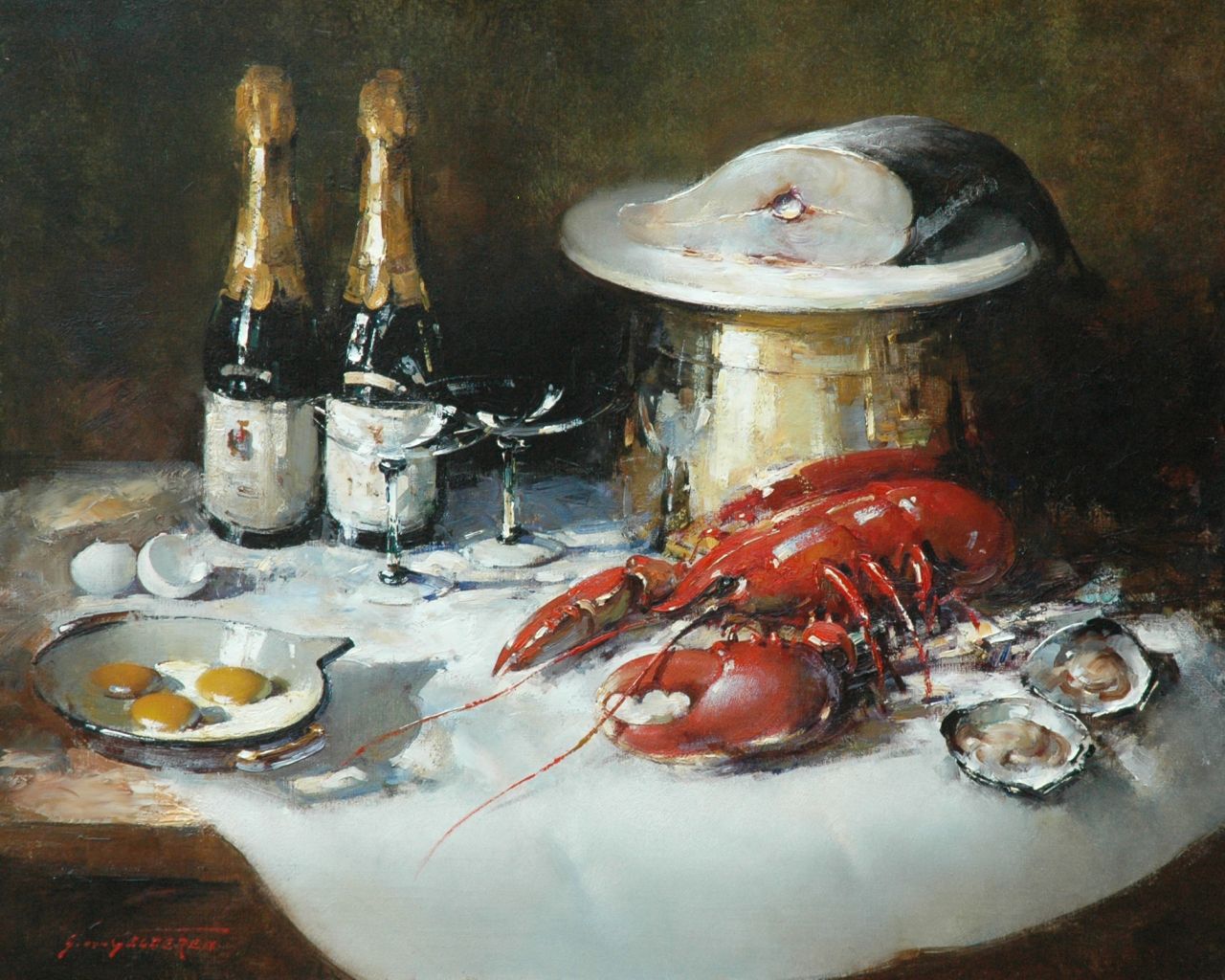 Gelderen S. van | Simon van Gelderen, Still life with a lobster, a fish and champagne, oil on canvas 65.2 x 80.1 cm, signed l.l.