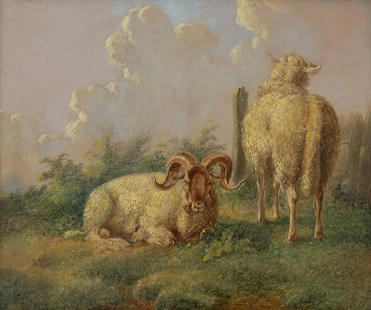 Verhoesen A.  | Albertus Verhoesen | Paintings offered for sale | Sheep on a summary pasture, oil on panel 14.5 x 16.5 cm, signed r.o.t.c. and dated 1845