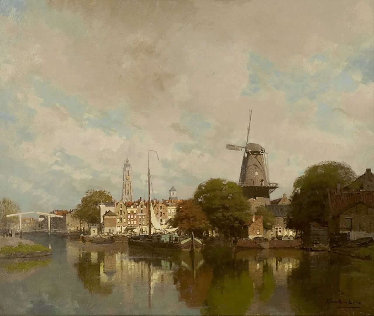 Klinkenberg J.C.K.  | Johannes Christiaan Karel Klinkenberg | Paintings offered for sale | A view of a town with the Groenmolen and tower of the Nieuwe Kerk of Delft, oil on canvas 39.5 x 47.4 cm, signed l.r.