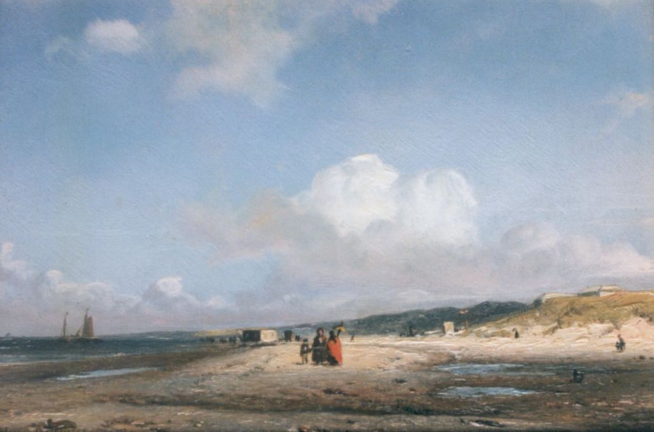 Deventer W.A. van | 'Willem' Anthonie van Deventer, Strolling along the beach, oil on panel 12.3 x 18.2 cm, signed l.l.