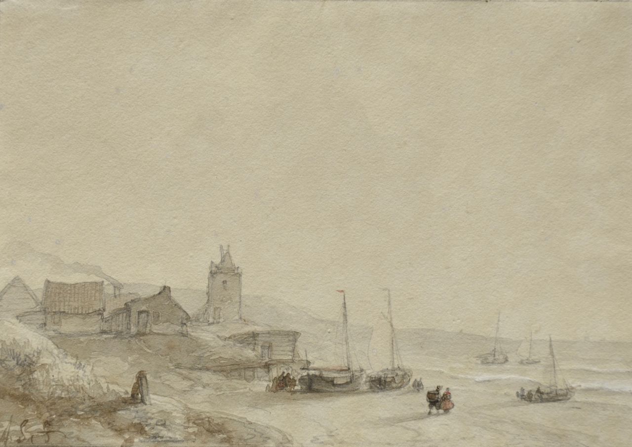 Schelfhout A.  | Andreas Schelfhout, Figures near fishing smacks on the beach, washed ink and watercolour on paper 13.0 x 19.0 cm, signed l.l. with initials