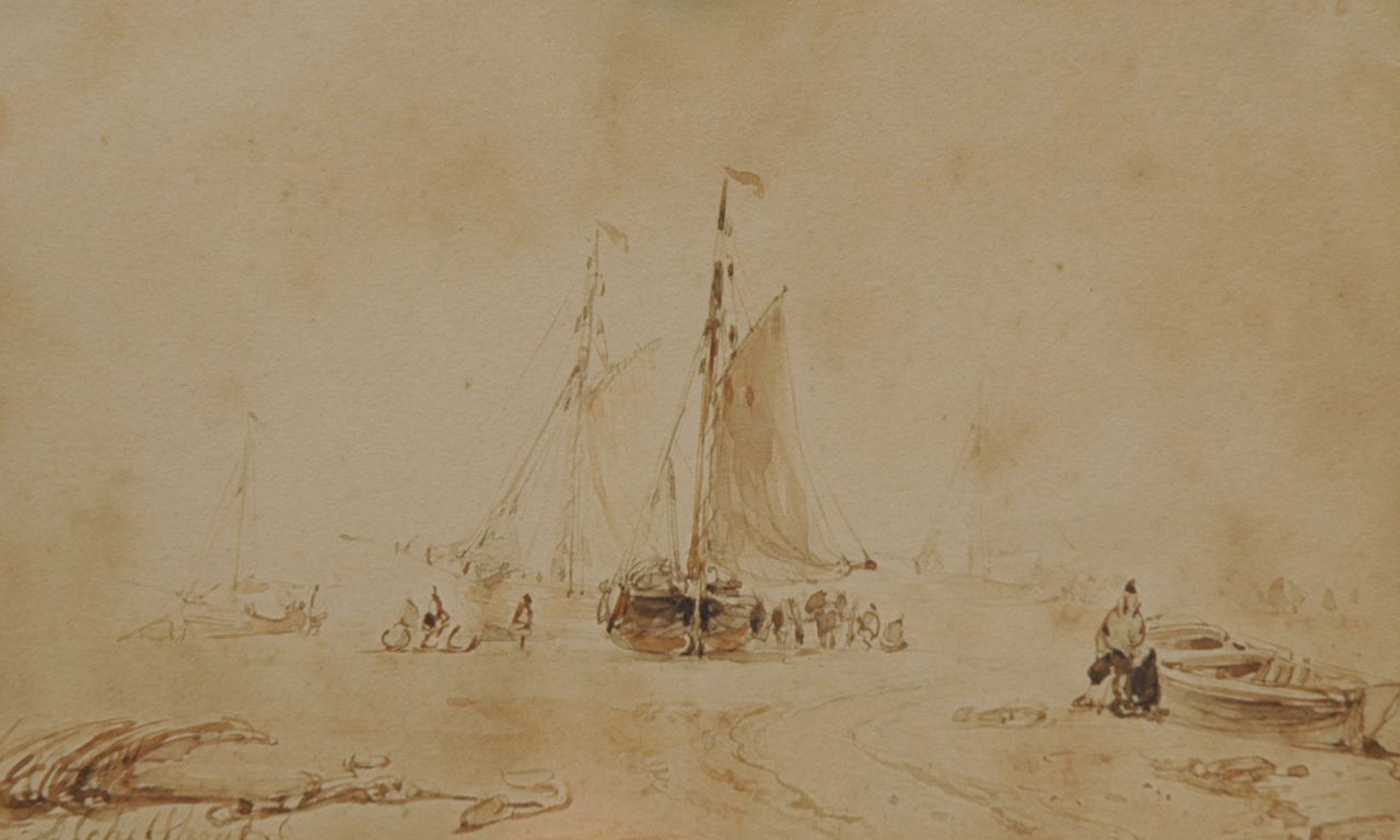 Schelfhout A.  | Andreas Schelfhout, Fishermen and fishing smacks on the beach, sepia on paper 9.0 x 14.0 cm, signed l.l.