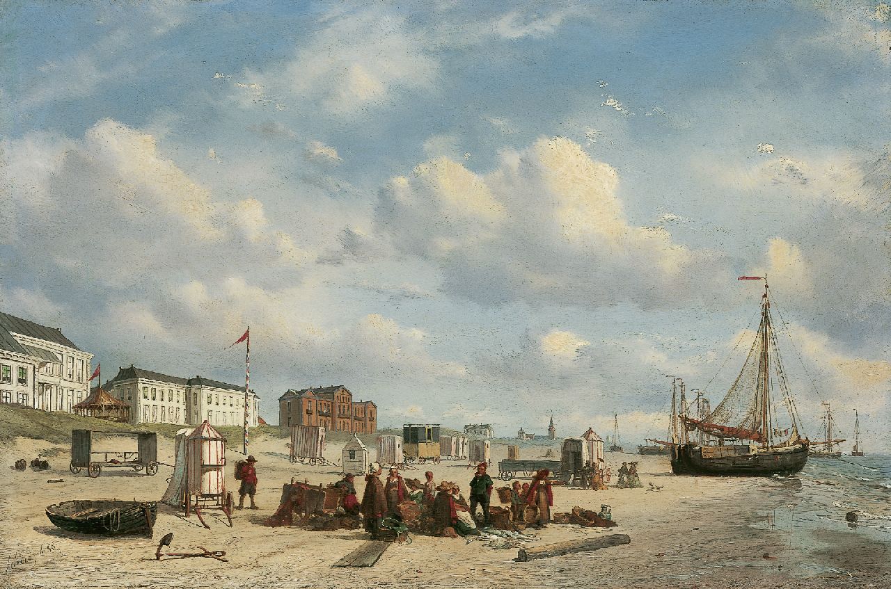 Schiedges P.P.  | Petrus Paulus Schiedges, A fish auction and an elegant company on the beach of Scheveningen, oil on panel 28.8 x 43.5 cm, signed l.l. and dated '58