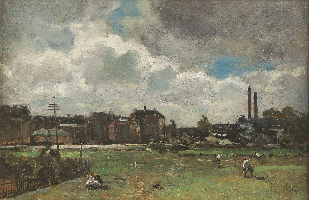 Essen J.C. van | Johannes Cornelis 'Jan' van Essen, The old cricket ground behind the Rijksmuseum, Amsterdam, oil on canvas laid down on panel 17.6 x 26.6 cm, signed l.r. and dated 1891