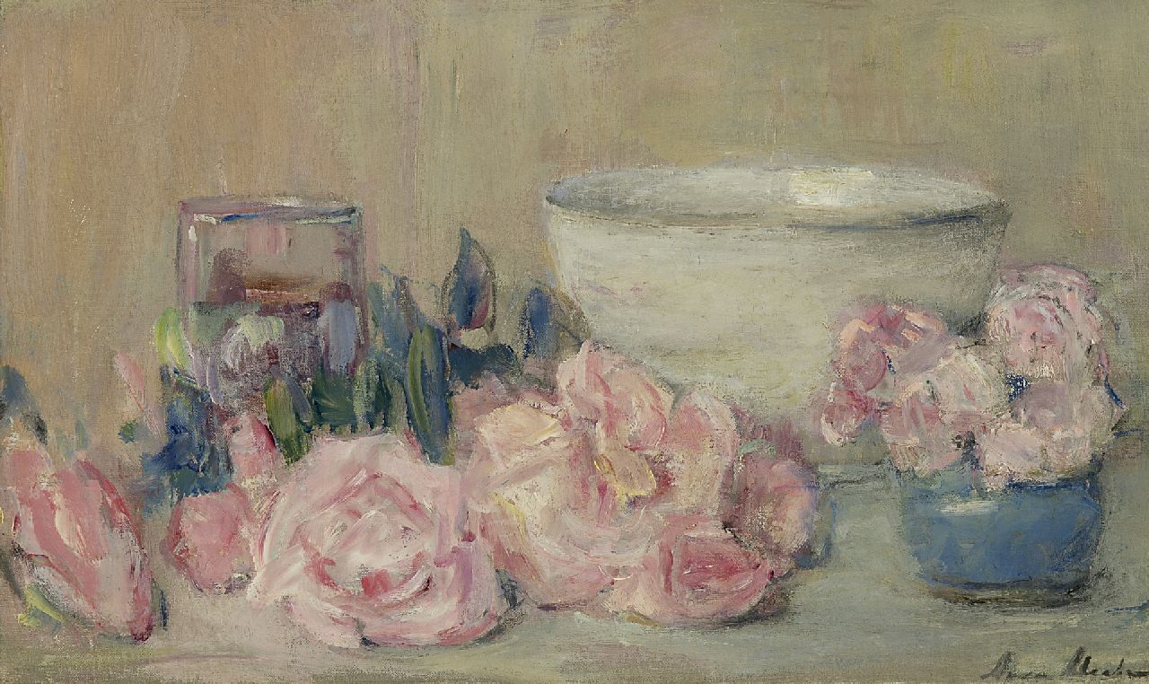 Abrahams A.A.  | Anna Adelaïde Abrahams, Still life with pink roses, oil on canvas 30.5 x 50.0 cm, signed l.r.