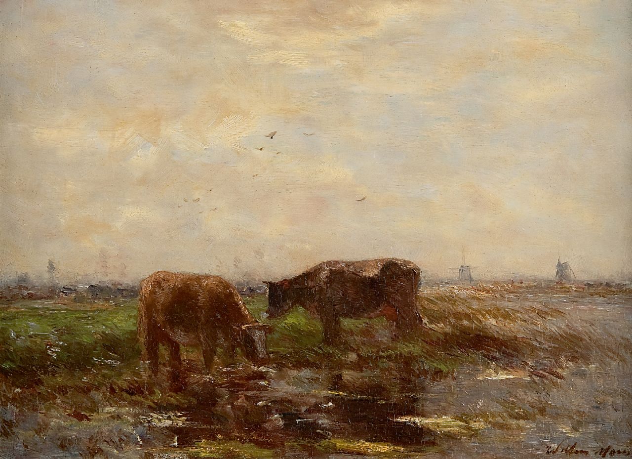 Maris W.  | Willem Maris, Two grazing cows in a polder landscape, oil on panel 24.1 x 32.6 cm, signed l.r.