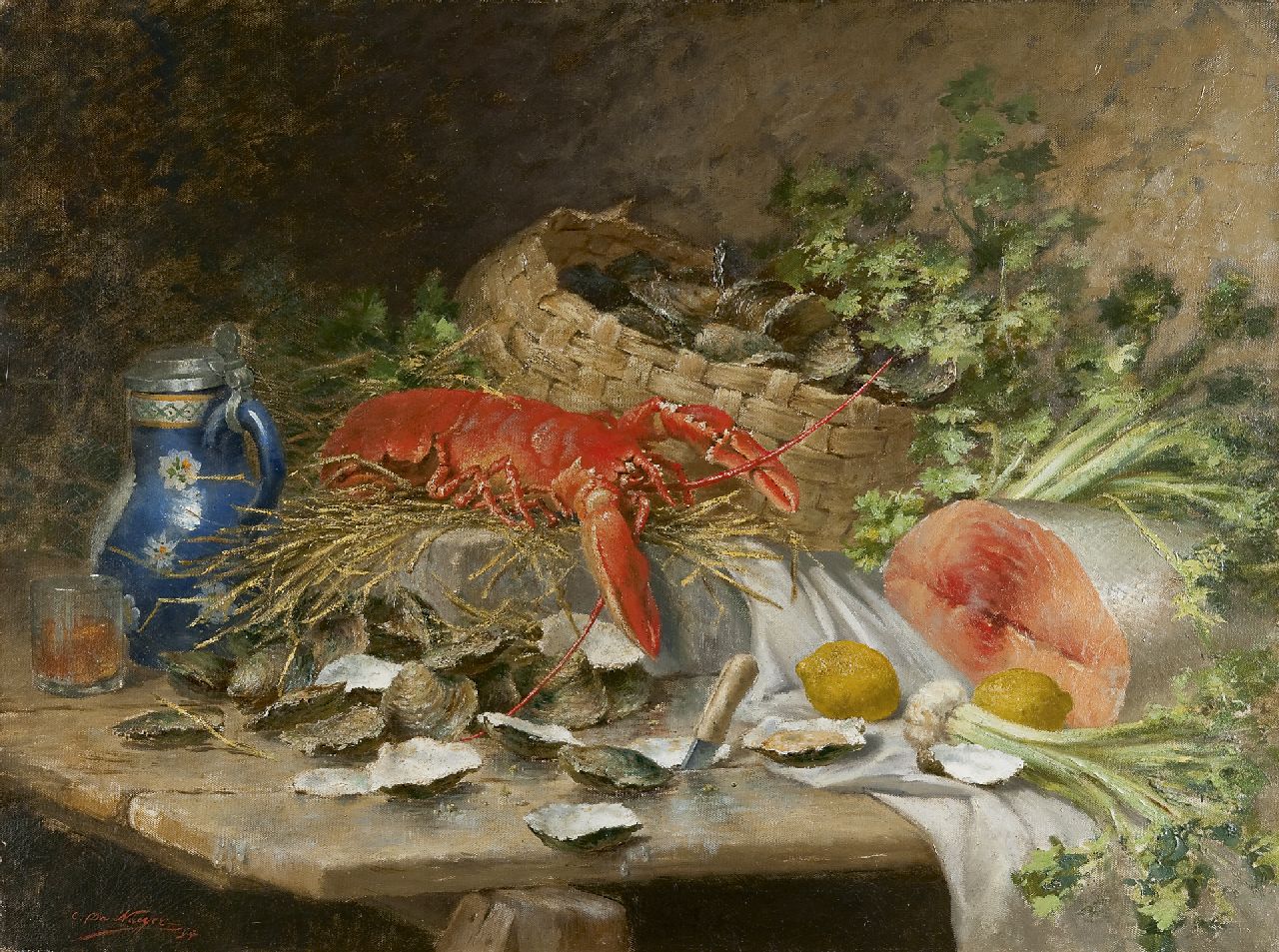 Naeyer C. de | Charles de Naeyer, A still life of a lobster, a salmon and oysters, oil on canvas 75.4 x 100.6 cm, signed l.l. and dated '94