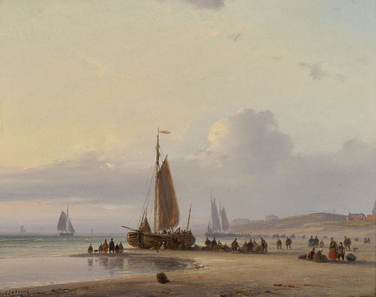 Kleijn L.J.  | Lodewijk Johannes Kleijn, A fishing boat and fishermen on the beach of Scheveningen, oil on panel 18.7 x 23.5 cm, signed l.l.