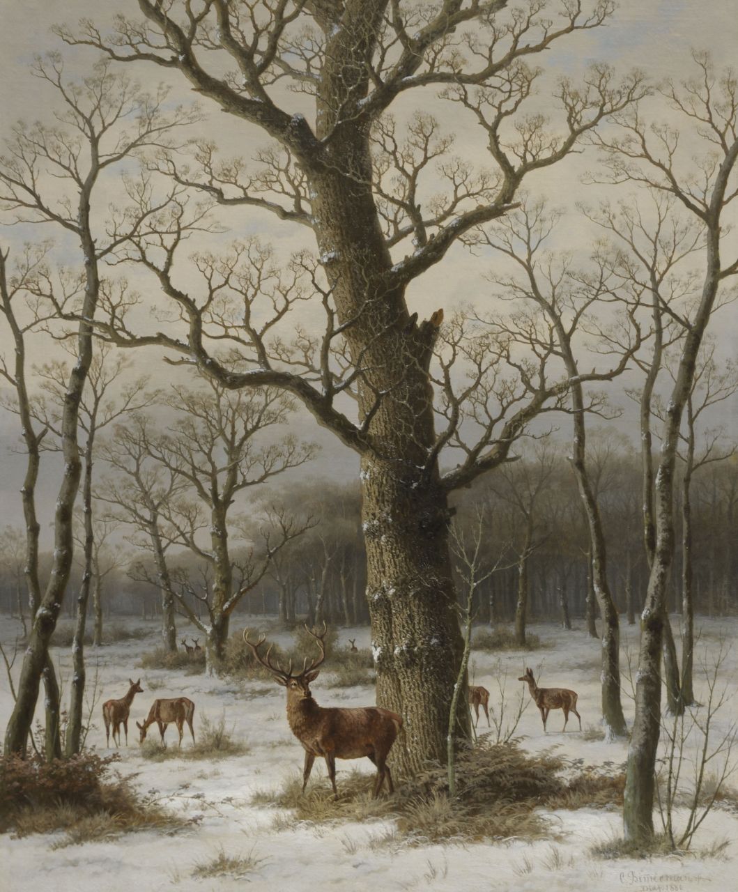 Bimmermann C.  | Caesar Bimmermann, A snowy forest with deer, oil on canvas 94.3 x 77.1 cm, signed l.r. and dated 'Dldf. 1886'