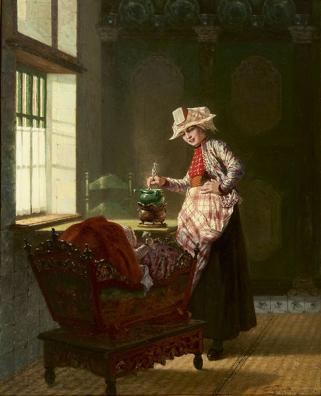 Sebes P.W.  | Pieter Willem Sebes, An interior in Hindeloopen with mother and child, oil on panel 55.9 x 45.3 cm, signed l.r. and dated 1879