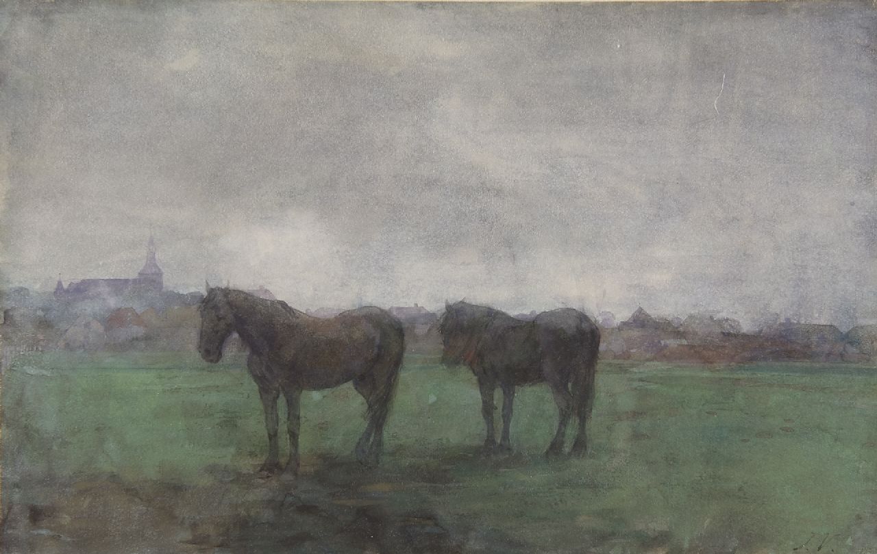 Voerman sr. J.  | Jan Voerman sr., Two horses in a meadow, near Hattem, watercolour on paper 29.6 x 46.8 cm, signed l.r. with initials